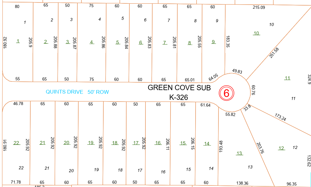 Plat map of Green Cove Subdivision, K-326, showing lots 1 through 22 along Quints Drive with lot line dimensions in feet.